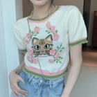 Short-sleeve Knit Top Pink & Green - One Size