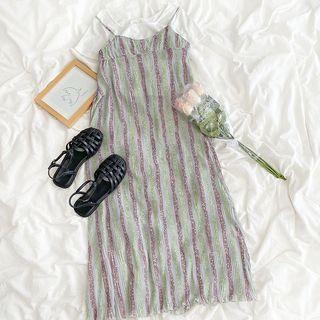 Striped Spaghetti-strap Dress Stripe - One Size