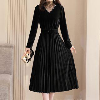 Long-sleeve Midi Pleated Velvet Dress