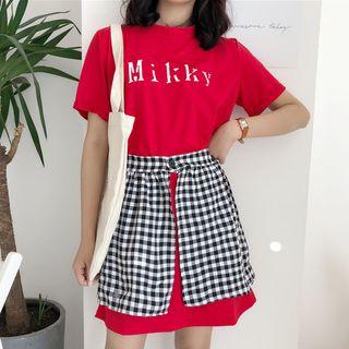 Set: Lettering Short-sleeve Long T-shirt + Gingham A-line Skirt