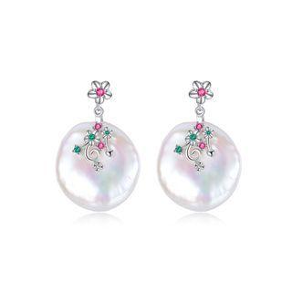 Sterling Silver Fashion And Elegant Flower Freshwater Pearl Earrings With Cubic Zirconia Silver - One Size