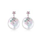 Sterling Silver Fashion And Elegant Flower Freshwater Pearl Earrings With Cubic Zirconia Silver - One Size