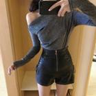 Long-sleeve Melange Top / Faux Leather Shorts