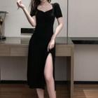 Plain Short-sleeve Slit Midi Sheath Dress