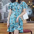 Flower Print Short-sleeve Ruffle Hem A-line Mini Dress