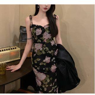 Spaghetti Strap Floral Print Mini Sheath Dress Floral - Black - One Size