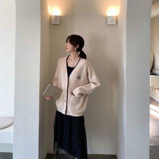 V-neck Bear Embroidered Cardigan