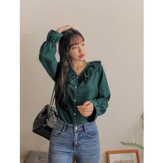 Frill-trim Faux-pearl Button Napped Blouse
