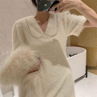 Short-sleeve Rhinestone Furry A-line Dress