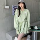 Polo-neck Logo Sweatshirt + Ruffled Mini Skirt