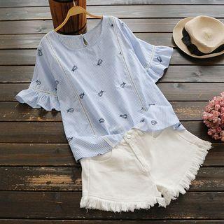Ruffle Sleeve Striped Embroidery Top