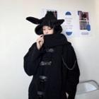 Chain-accent Belted-front Fleece Jacket / Chenille Rabbit Ear Hooded Scarf