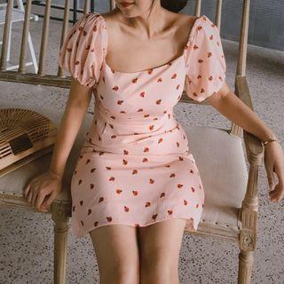 Puff-sleeve Ladybug Print Mini Sheath Dress