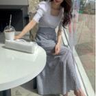 Short-sleeve Ribbed Knit Top / Floral Print Midi Pencil Skirt