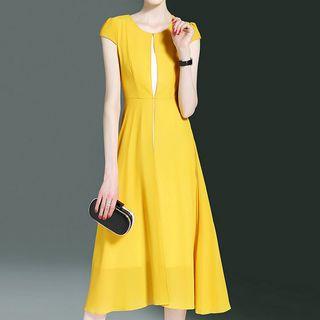 Color Panel Short Sleeve Chiffon Midi Dress