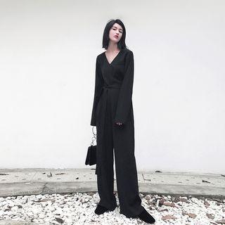 V-neck Wide-leg Jumpsuit With Sash