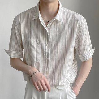 Short-sleeve Striped Pocket Detail Shirt