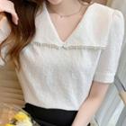 Short-sleeve Peter Pan-collar Faux Pearl Panel Floral Chiffon Blouse