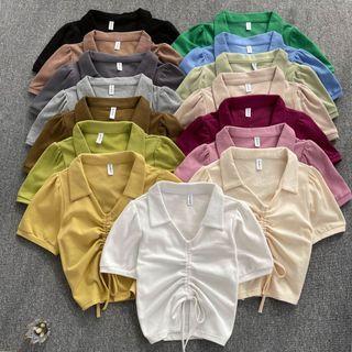 Short-sleeve V-neck Plain Drawstring Cropped Top
