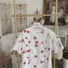 Cherry Print Ruffle Trim Short-sleeve Mini A-line Dress White - One Size