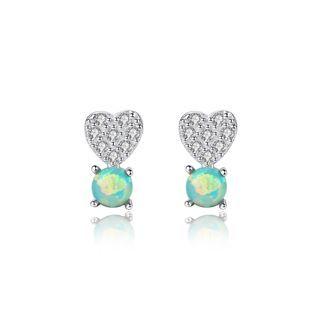 Sterling Silver Simple Sweet Heart Stud Earrings With Blue Imitation Opal And Cubic Zirconia Silver - One Size