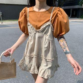 Puff-sleeve Blouse / Ruffle Trim Overall Dress
