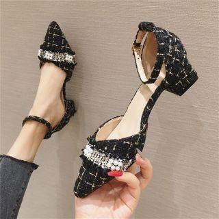 Chunky Heel Faux Pearl Tweed Sandals