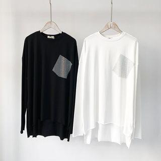 Rhinestone Pocket Long-sleeve High-low T-shirt