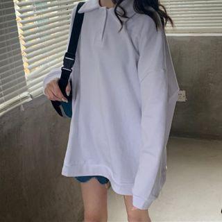 Plain Long-sleeve Polo Shirt White - One Size