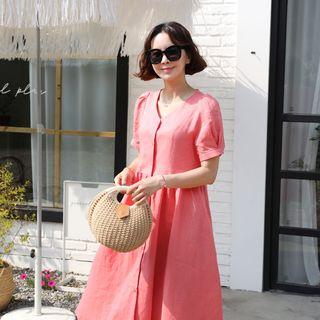 V-neck A-line Linen Shirtdress