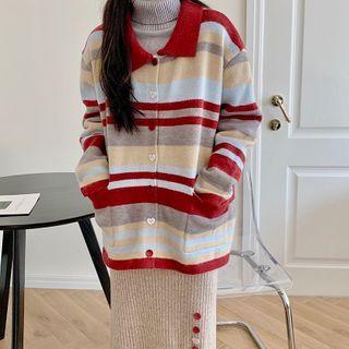 Striped Turtleneck Sweater / Knit Midi A-line Skirt
