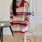 Striped Turtleneck Sweater / Knit Midi A-line Skirt