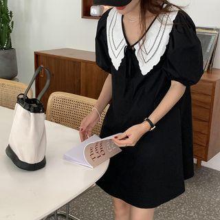Lapel Color-block Puff-sleeve Dress
