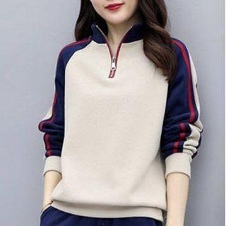 Set: Mock-neck Color Block Half-zip Sweatshirt + Jogger Pants