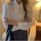 Puff Long-sleeve Plain Lapel Loose Fit Shirt White - One Size