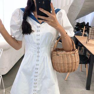 Short-sleeve Striped Trim Collar A-line Mini Dress White - One Size