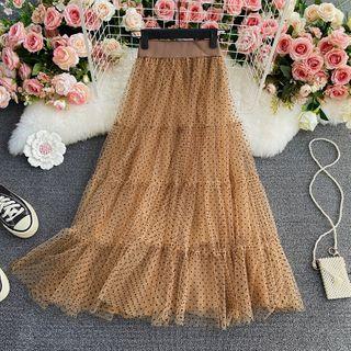 Dotted Mesh Tiered Midi Skirt