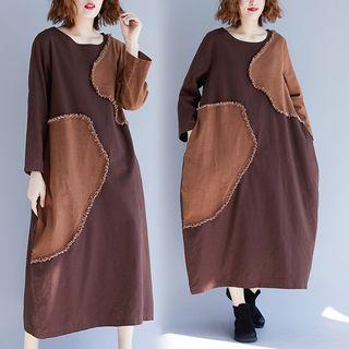 Trim Panel Round-neck Long-sleeve Dress Coffee - F