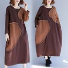 Trim Panel Round-neck Long-sleeve Dress Coffee - F