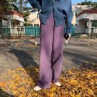 Long-sleeve Plain Knit Cardigan / High-waist Wide-leg Corduroy Pants