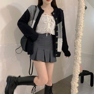 Color-block Loose-fit Cardigan / Bow-accent Long-sleeve Crop Blouse / Pleated Skirt