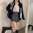 Color-block Loose-fit Cardigan / Bow-accent Long-sleeve Crop Blouse / Pleated Skirt