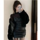 Long-sleeve Mesh Top / Fluffy Jacket / Faux Leather Mini Overall Dress