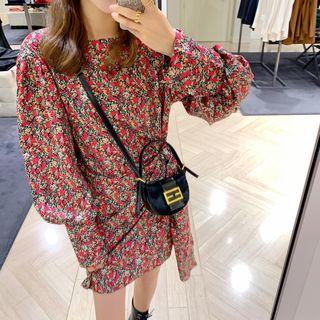 Flower Print Lantern-sleeve Mini Sheath Dress