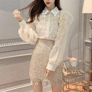 Long-sleeve Rhinestone Ruffle Trim Lace Blouse