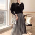 Set: Long-sleeve Pleated Midi Dress + Short-sleeve Top
