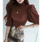 High-neck Shirred-sleeve Slim-fit Top