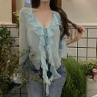 Set: Long-sleeve Ruffled Tie-front Blouse + Camisole Set Of 2 - Blouse & Camisole - Blue - One Size