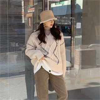 V-neck Stitched Cable Sweater