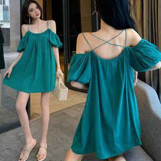 Elbow-sleeve Cold Shoulder Mini A-line Dress